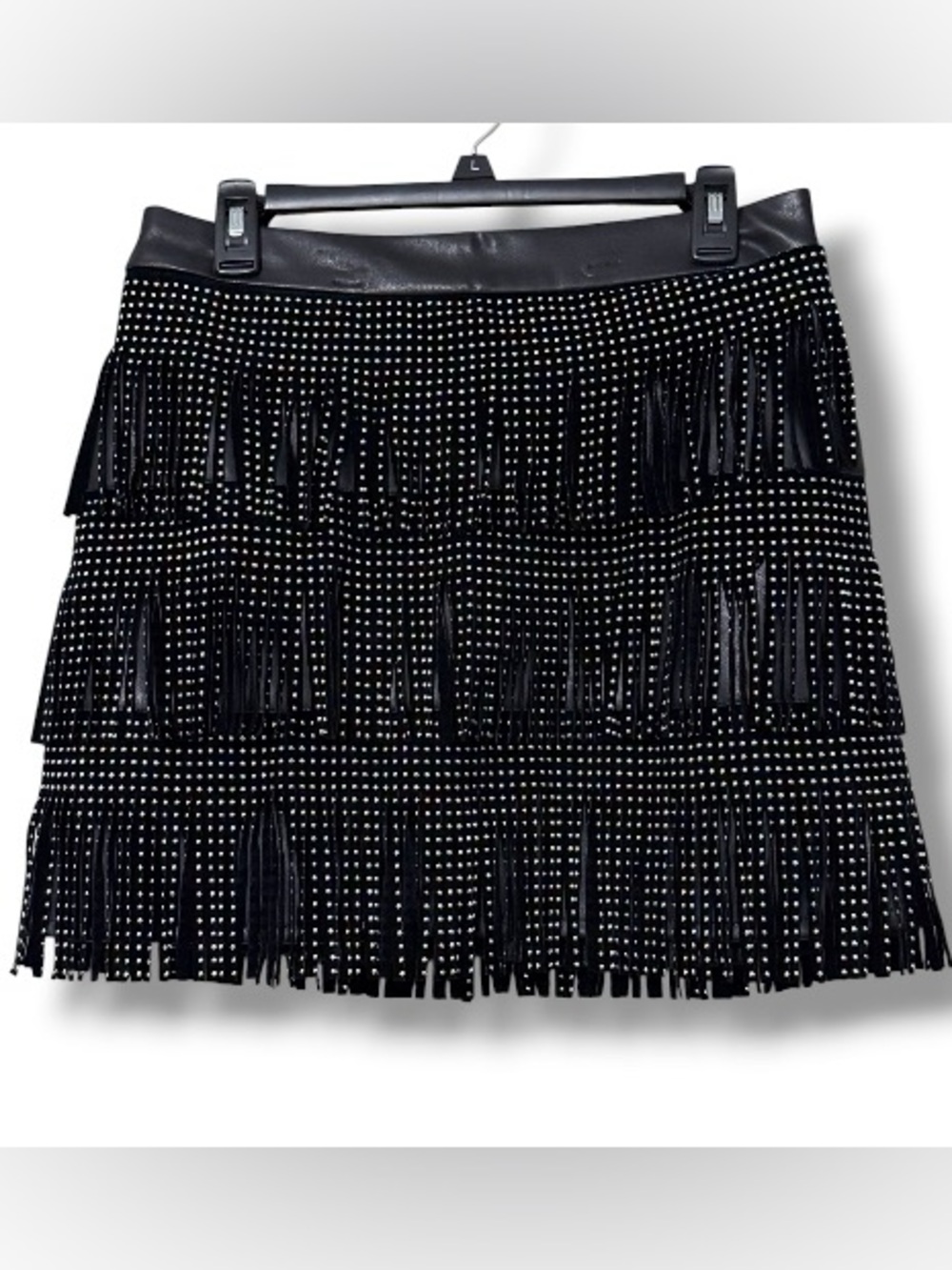 Sincerely Jules size large faux leather fringe mini skirt studded - Picture 2 of 14